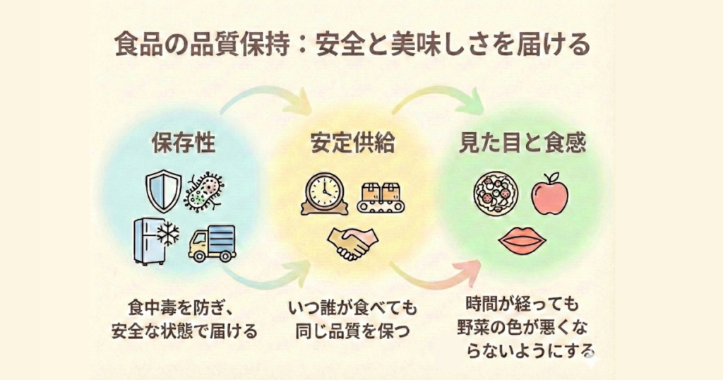 品質保持の図解 保存性 安定供給 見た目と食感