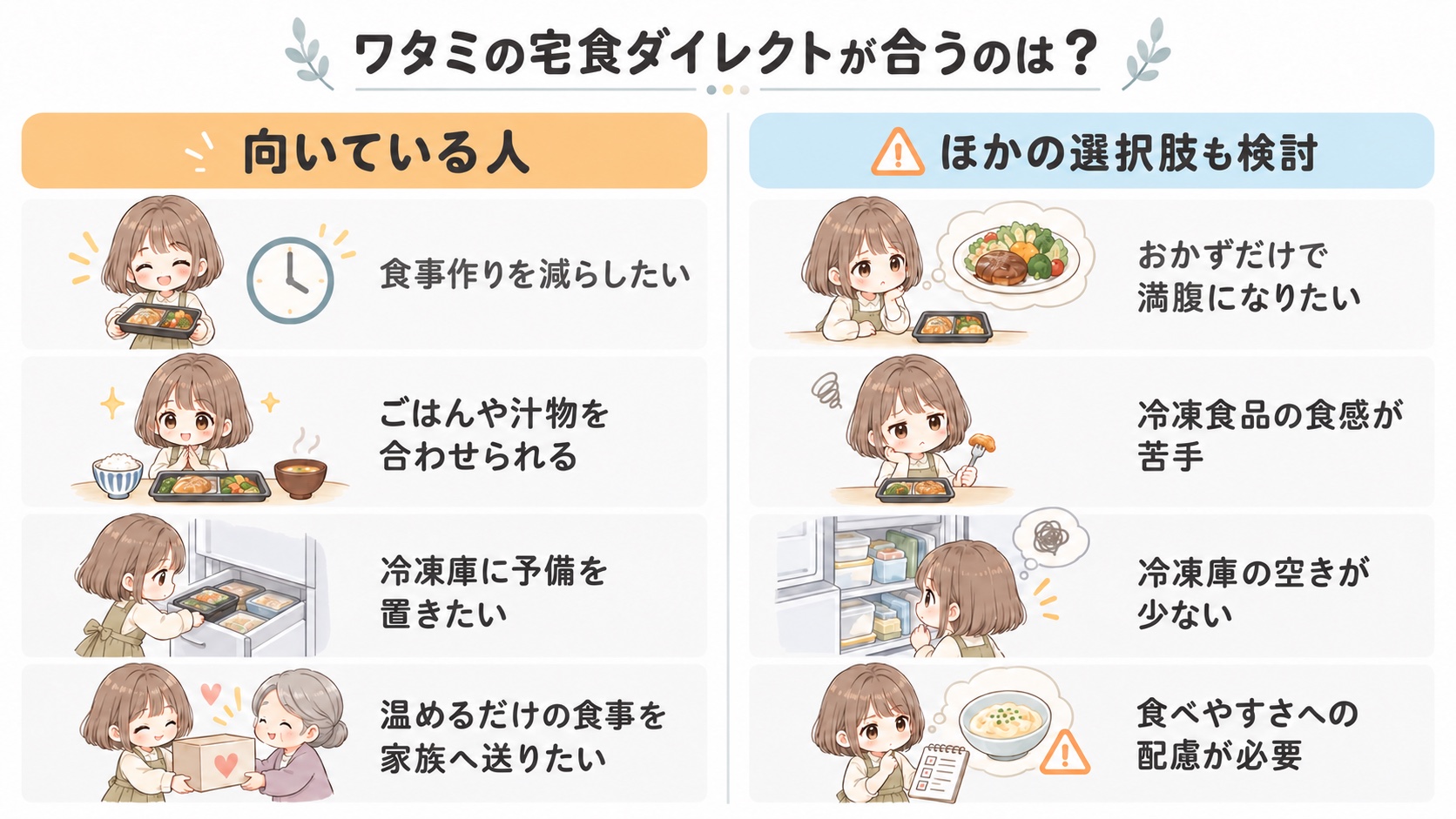 ワタミの宅食ダイレクトが向いている人。食事作りを減らしたい、ごはんや汁物を合わせられる、冷凍庫に予備を置きたい、温めるだけの食事を家族へ送りたい人